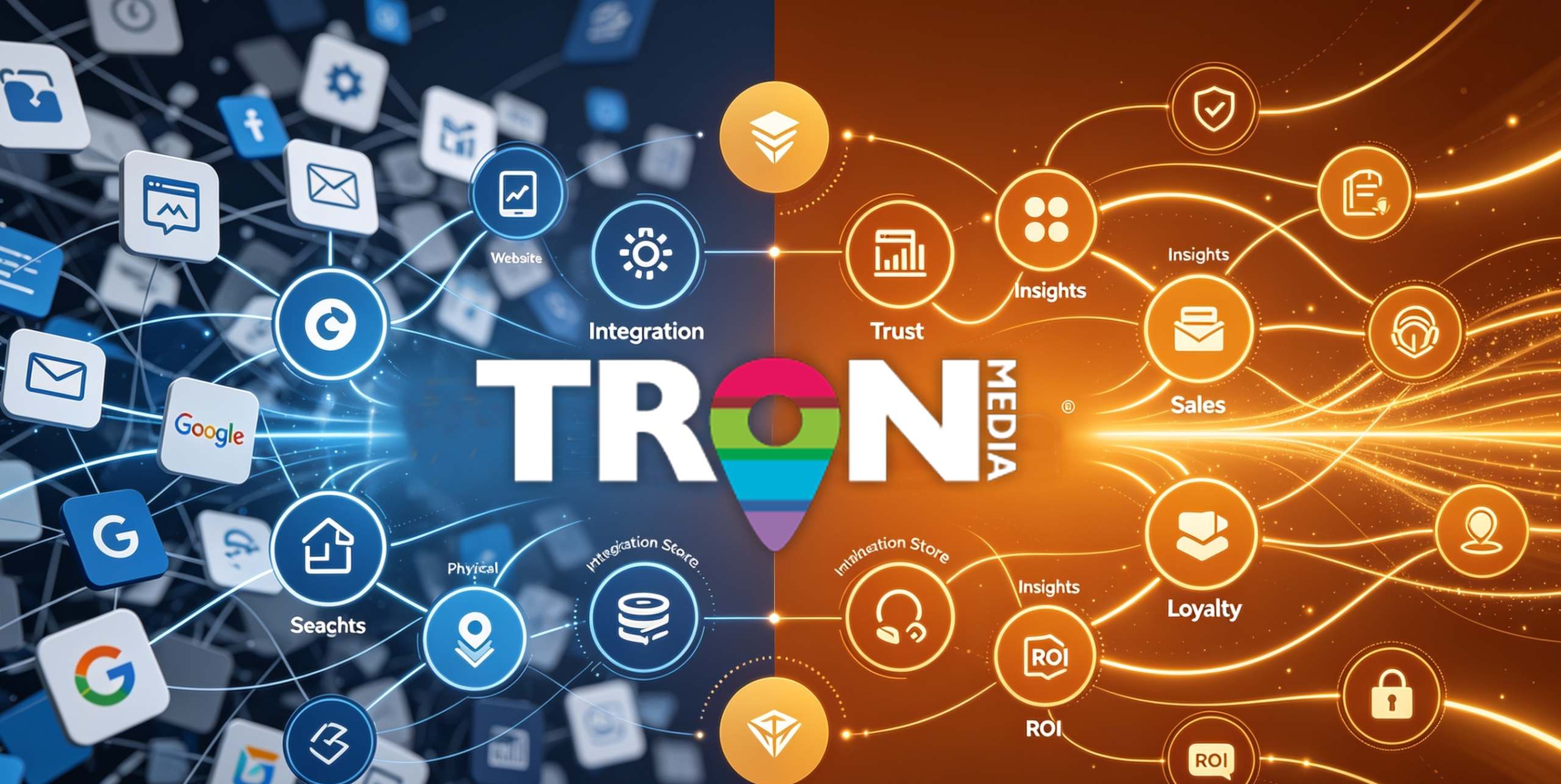 Digital graphic split into blue and orange sections, centered on the Tron Media logo. Left side shows connected icons for website, social media, email, search, physical stores and integration tools; right side displays glowing icons representing trust, insights, sales, loyalty, ROI and growth. Lines link all elements, illustrating seamless omnichannel connection and expert-driven results