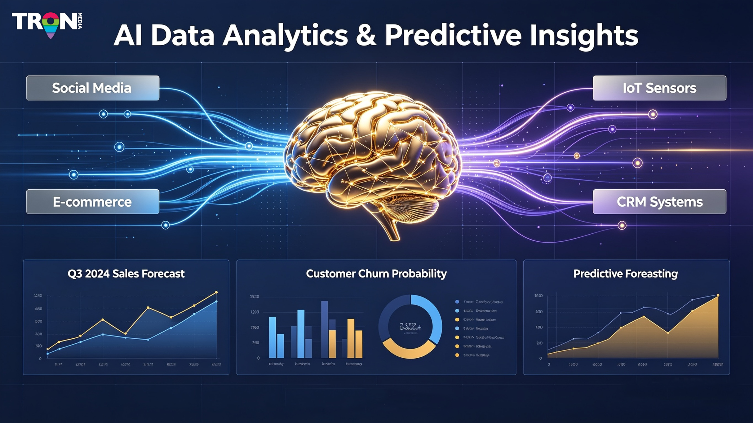 Digital graphic by Tron Media featuring a glowing golden AI brain at the centre; blue data streams flow in from social media, e‑commerce, IoT sensors and CRM systems, feeding into the AI. Outputs shown as clear charts: sales trends, customer behaviour patterns, market demand projections and CRM performance, illustrating how AI turns connected data into actionable, accurate predictive insights.